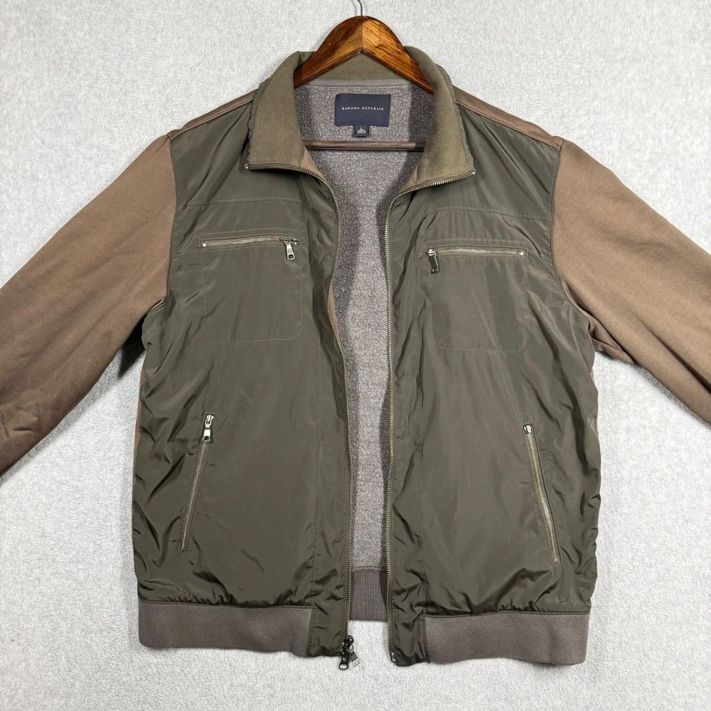 Banana Republic Men Large Mixed Media Full Zip Jacket Olive Brown Bomber Utility